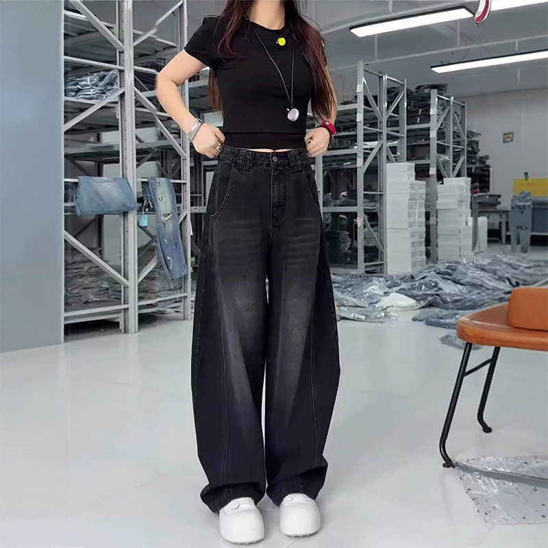 黑色弯刀牛仔裤女款秋冬新款加绒裤子胖mm显瘦大码高腰宽松阔腿裤