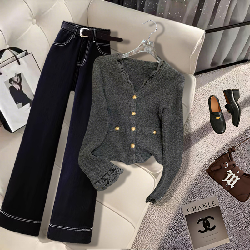 法式纯欲慵懒风女装灰色蕾丝花边针织衫秋季新款高级感休闲裤套装