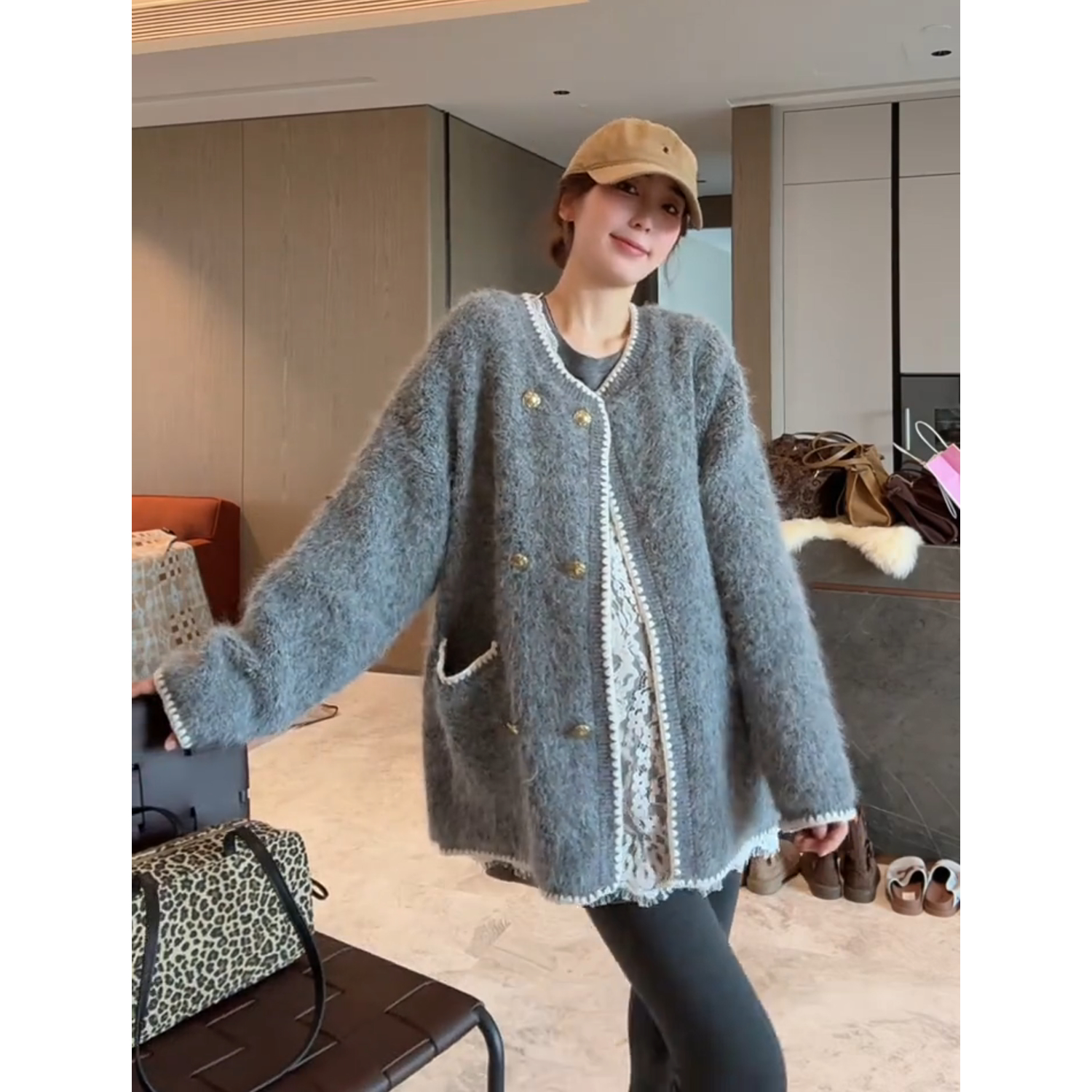 徐靖靖【舒暖调】时尚毛呢小香风开衫百搭洋气千金针织外套2509098