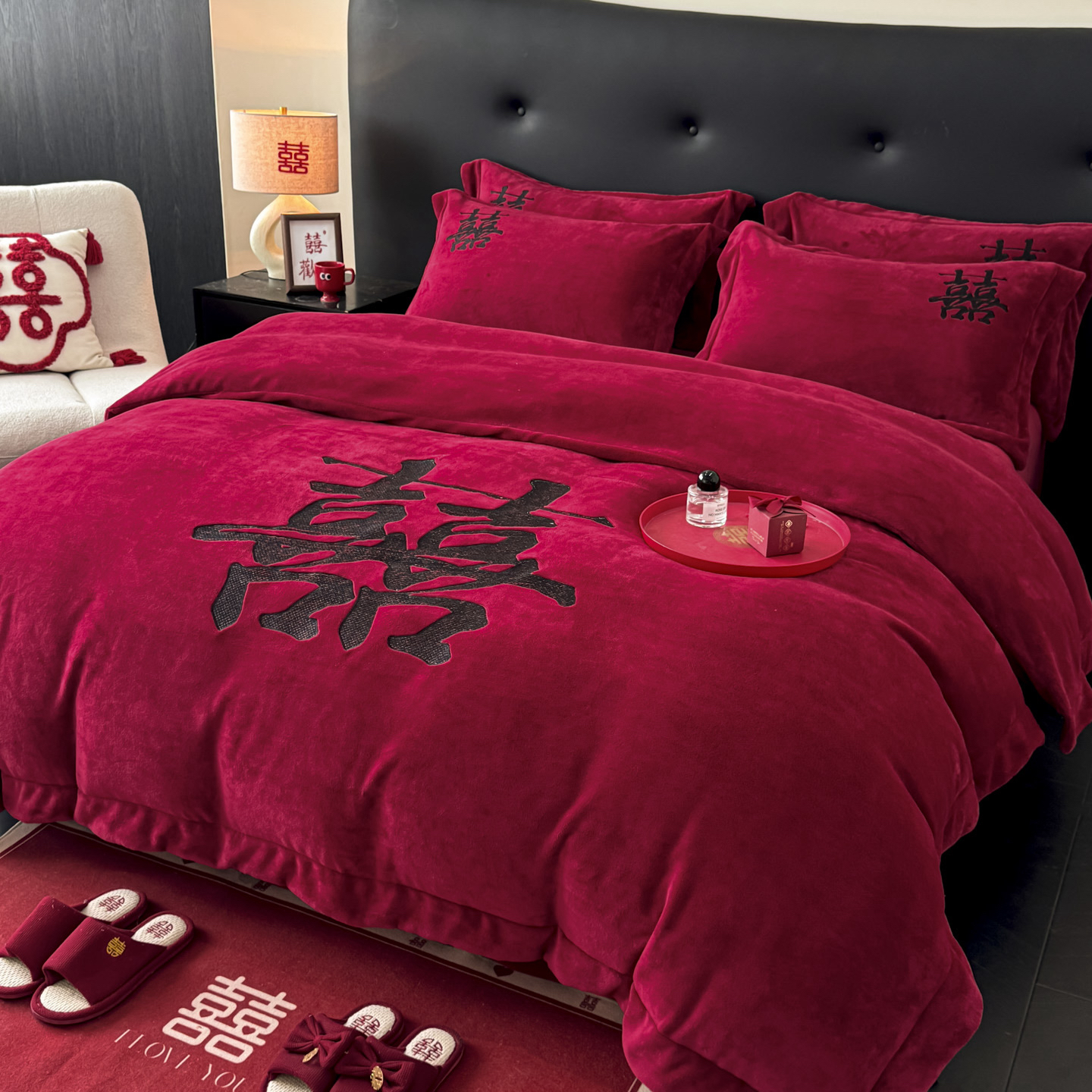 牛奶绒结婚四件套冬季珊瑚绒红色婚庆床上用品加厚花边款被套床单