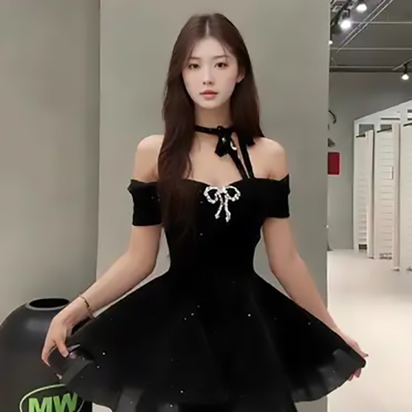 K8328新款法式甜辣妹富家千金连衣裙女夏季出游蝴蝶结收腰蓬蓬裙