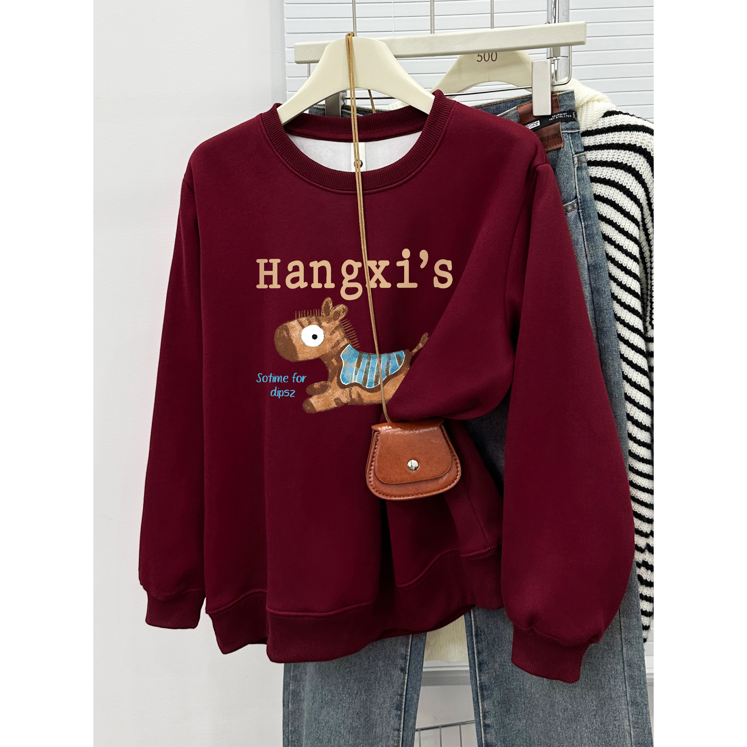 新年本命年圆领卫衣女秋冬季加绒加厚卡通印花宽松大码套头衫上衣