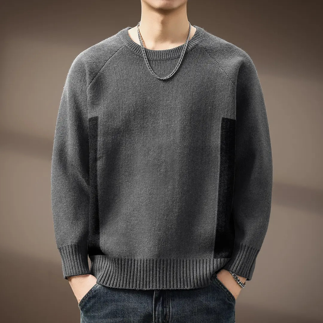 高端慵懒风拼色圆领长袖毛衣男2025秋季新款宽松显瘦百搭上衣男