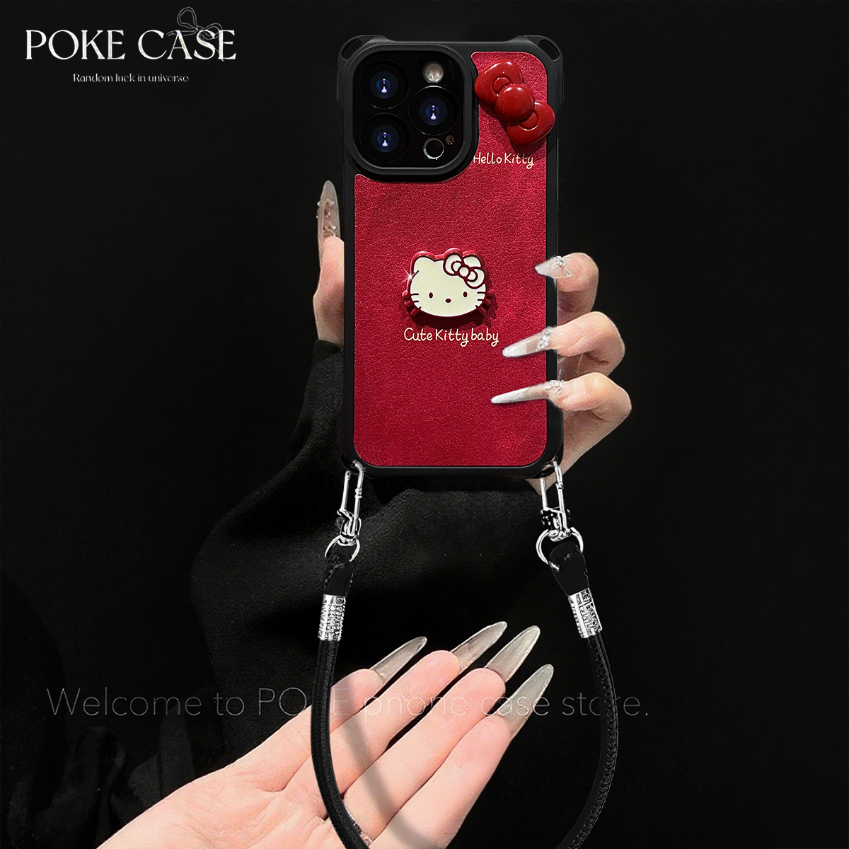 四角挂绳红色立体KT适用华为红米苹果vivo小米oppo手绳壳手机链