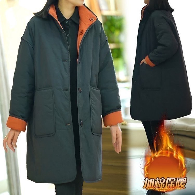 冬季立翻领两面穿中长款棉衣拼色休闲百搭保暖宽松加厚时尚棉服