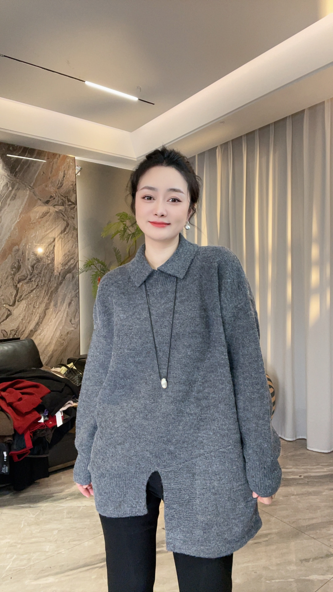 【冲姐】冬季新款纯色翻领大版针织厚款毛衣（胸围.130 衣长72）61575