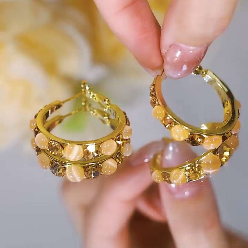 铜合金耳饰 咖色镶钻圆圈耳扣气质时尚耳环轻奢高级感气质耳饰