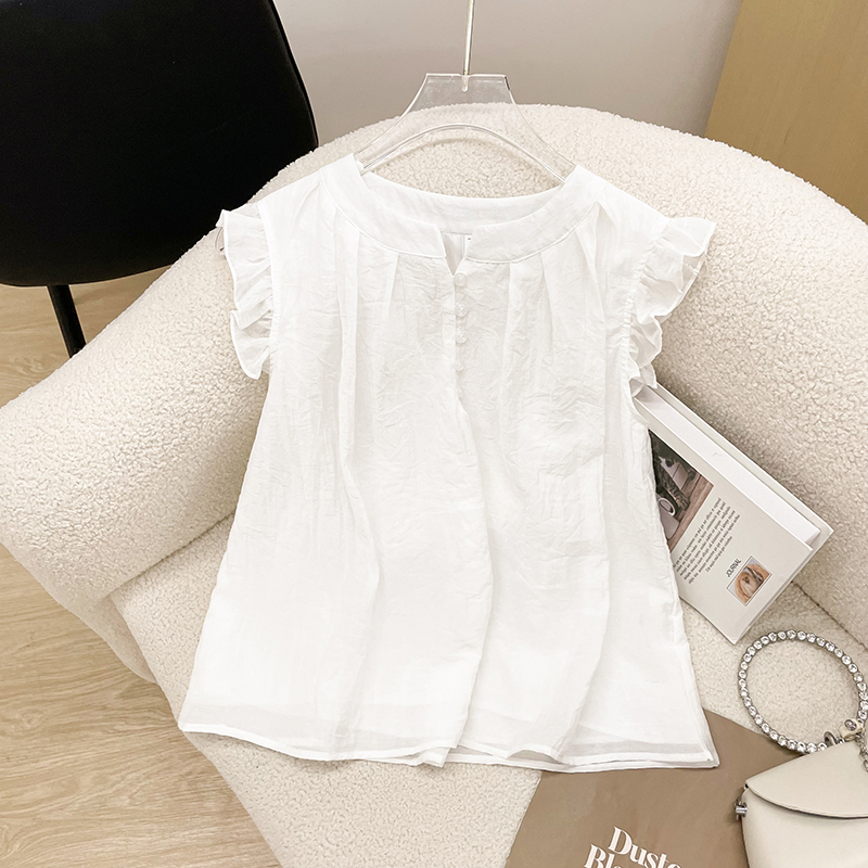 甜美法式女装飞飞袖夏季显瘦薄款衬衫衬衣雪纺衫时尚白色圆领上衣