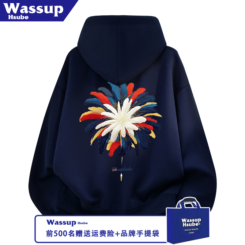 WASSUP HSUBE烟花印花卫衣秋冬男女款保暖开衫全拉链藏青连帽外套