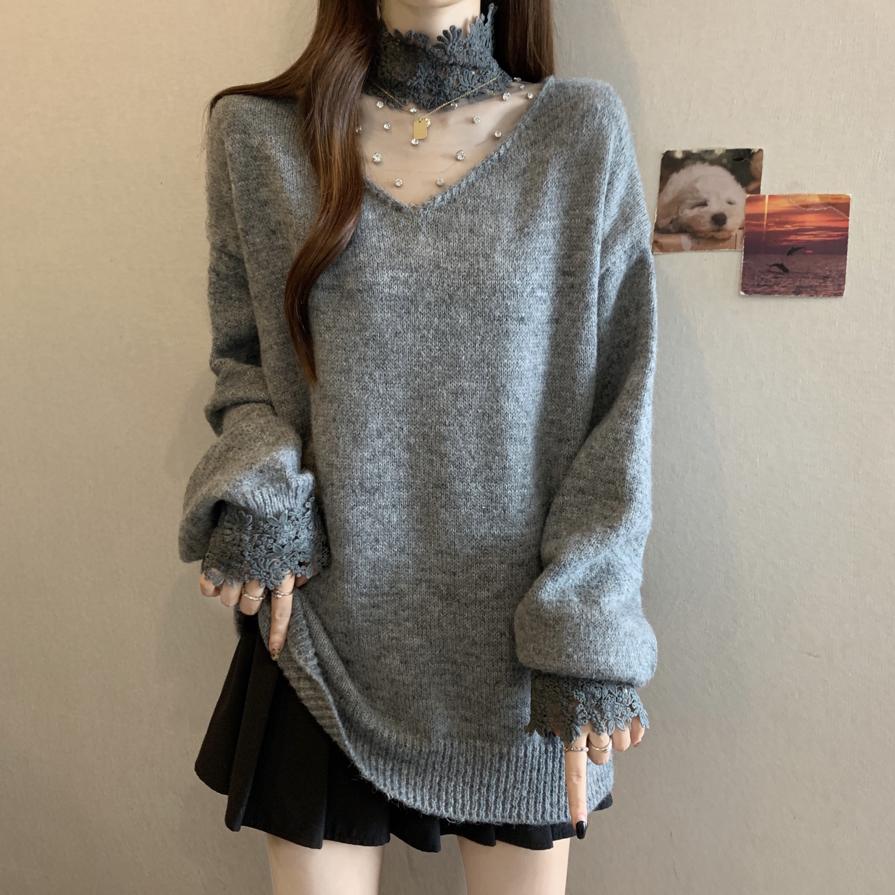 高级蕾丝半高领毛衣女秋冬2025新款大码胖mm洋气慵懒风针织衫上衣