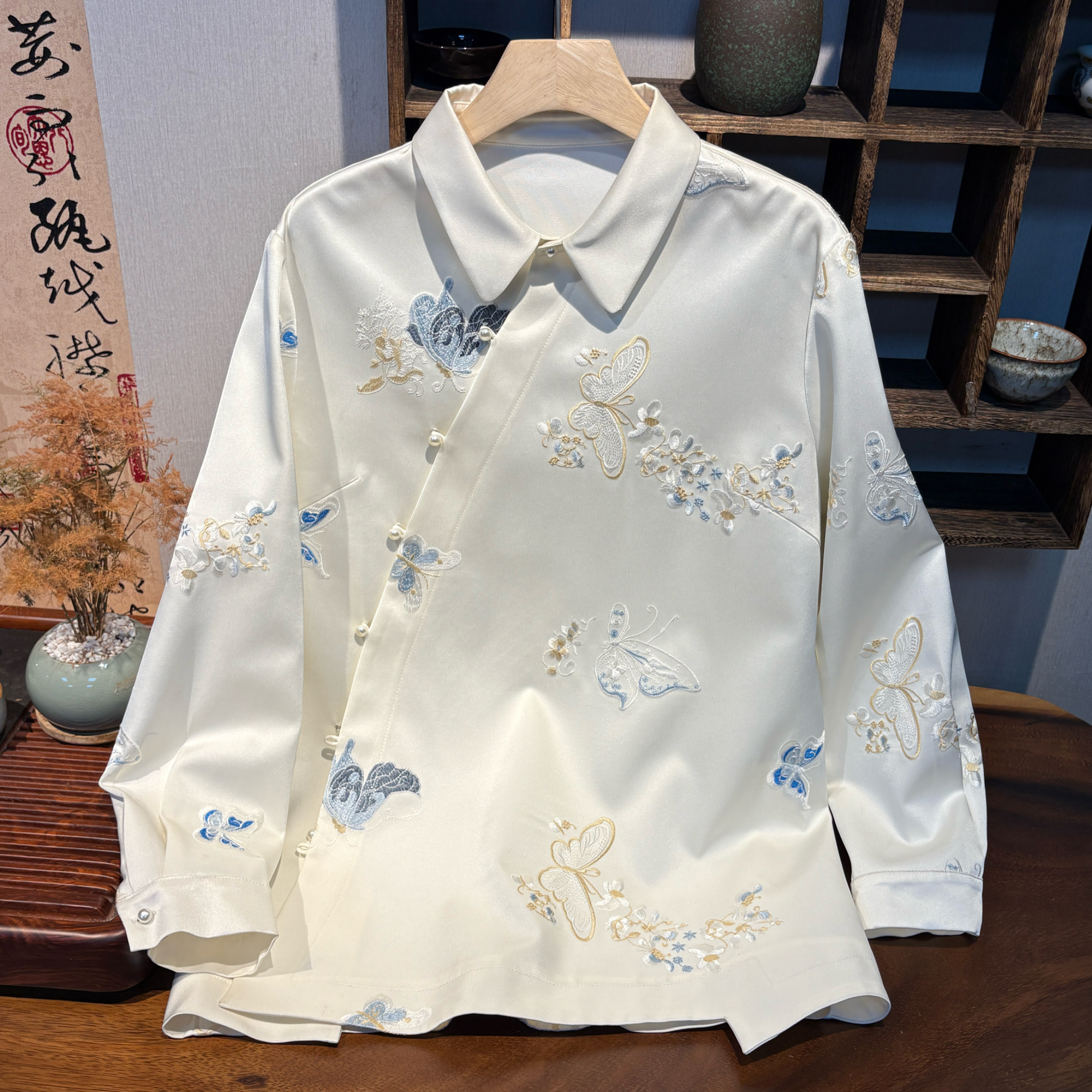 YUEZHE国风刺绣设计款衬衫女2025冬季中式时尚休闲百搭长袖衬衣