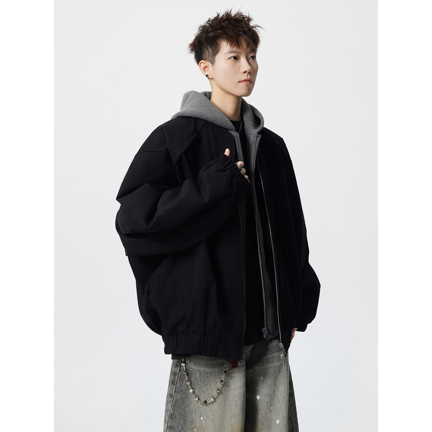 假两件连帽外套男秋冬季加棉加厚保暖宽松oversize潮牌高级感夹克