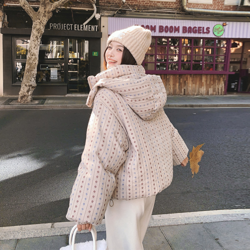 韩系ins风立领印花羽绒服2025冬新款休闲百搭设计感白鸭绒面包服