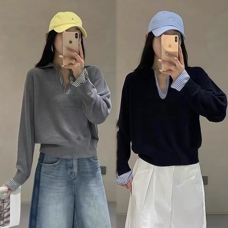 开春小众拼接撞色穿搭设计假两件条纹针织衫时尚宽松遮肉V领上衣