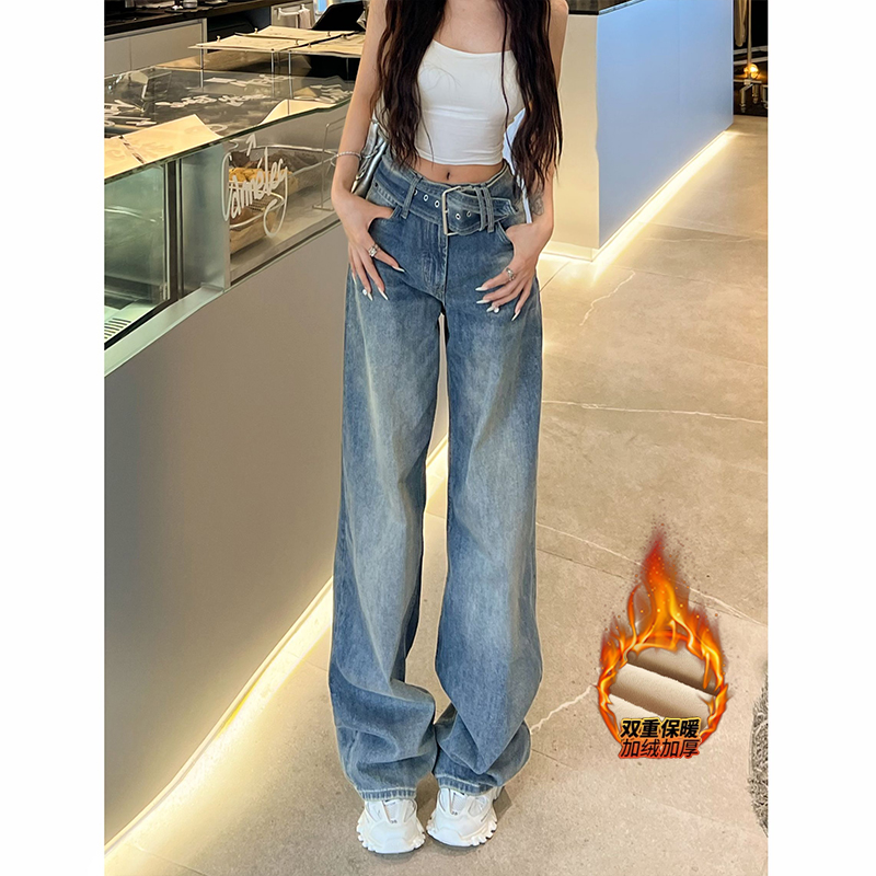 设计感宽腰带低腰加绒阔腿牛仔裤女2025年冬季新款显瘦阔腿长裤