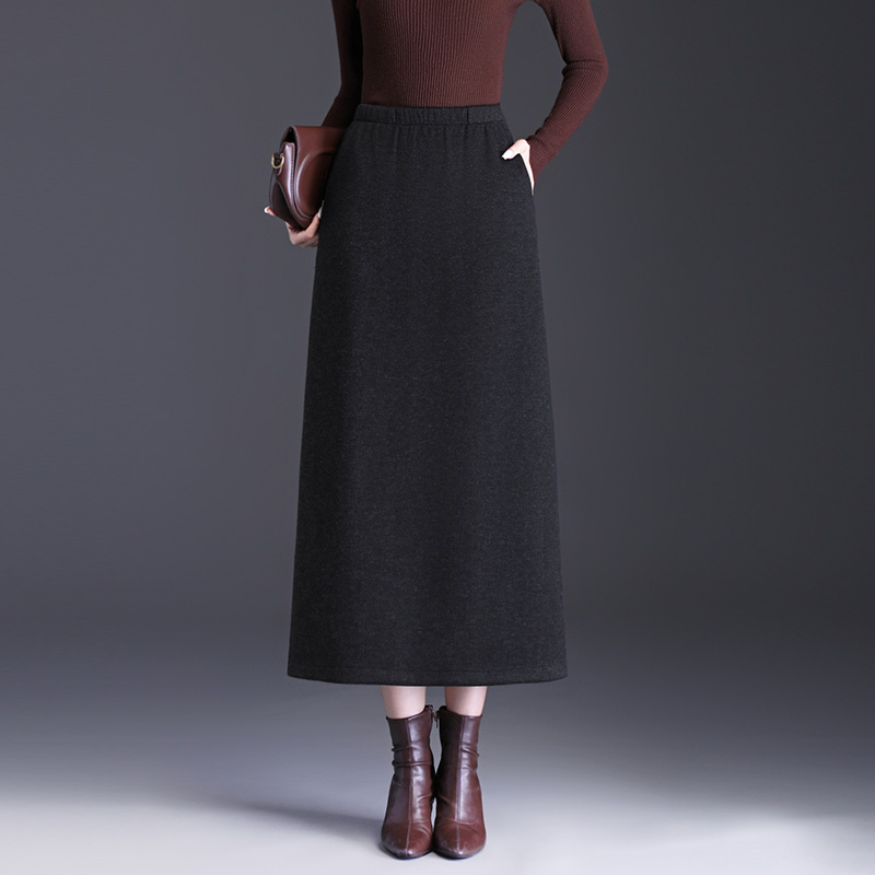 松紧腰毛呢半身裙女秋冬2025新款加厚灰色裙子开叉直筒长裙包臀裙