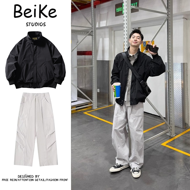 两件装/纯色立领夹克新款秋季简约工装百搭宽松休闲秋冬外套男