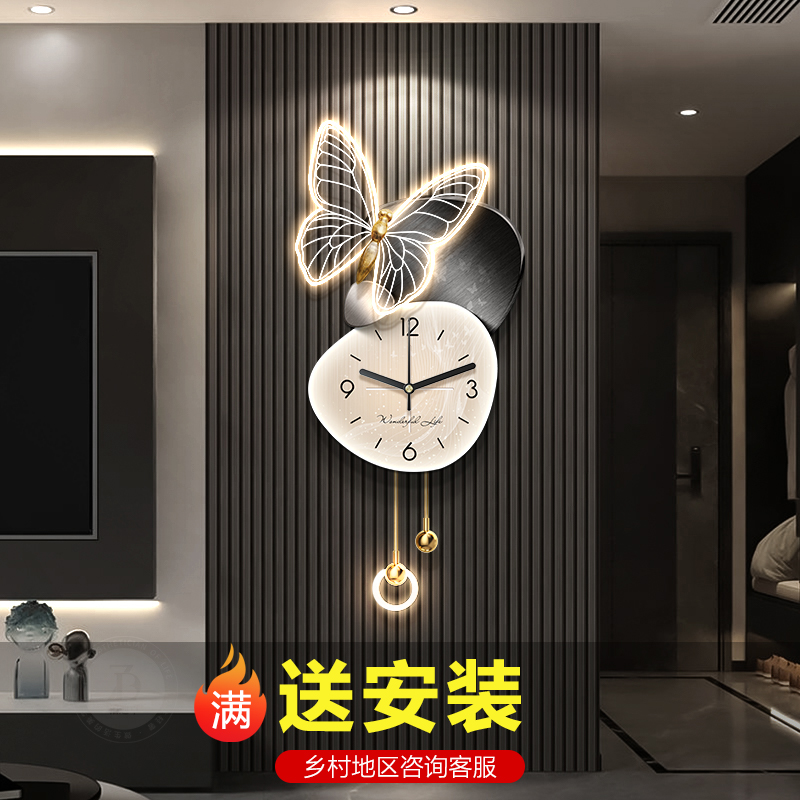 轻奢高级感带时钟电视背景墙装饰画石来运转客厅挂画创意格栅壁灯