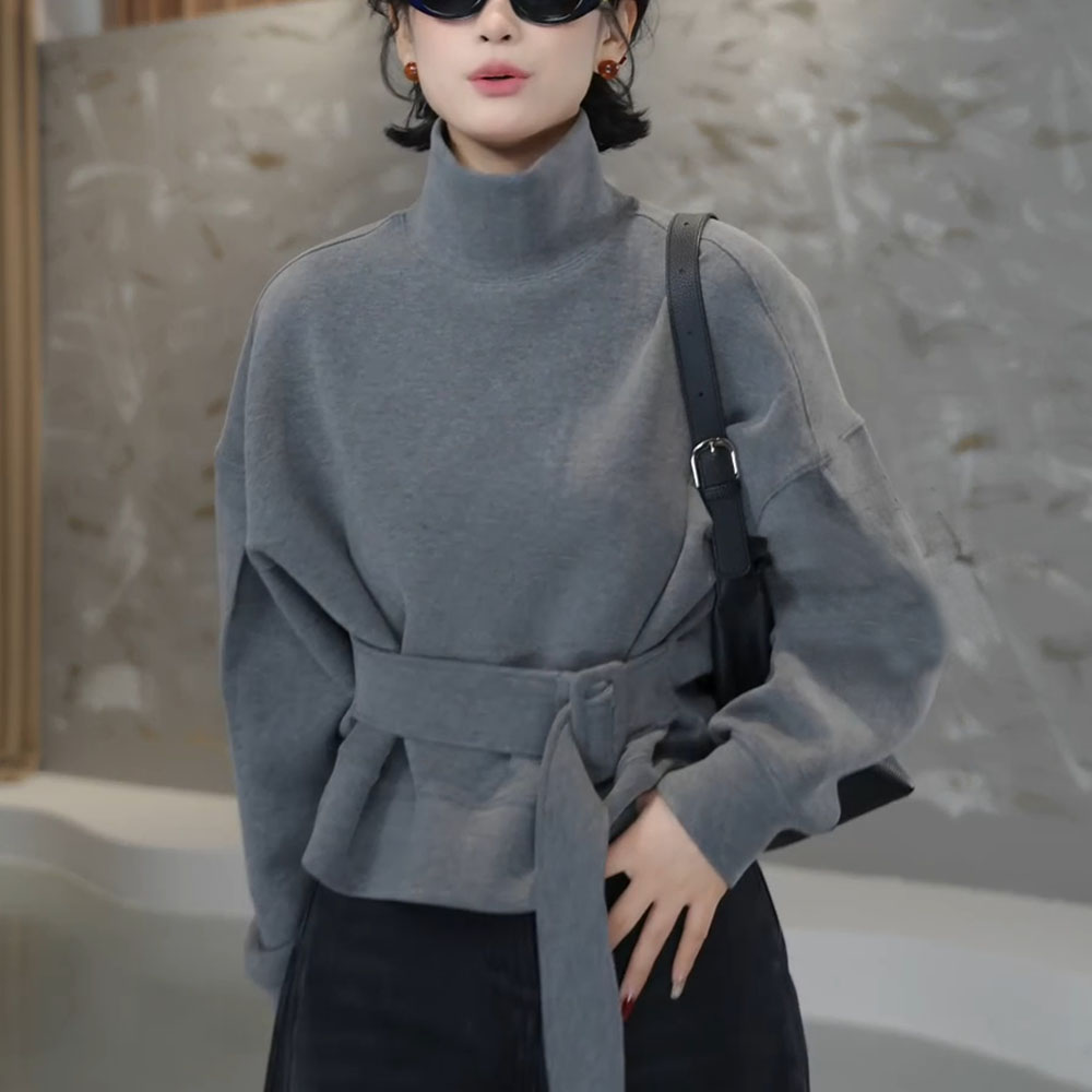 高领套头灰色卫衣女2025秋冬减龄洋气宽松型显瘦收腰系带内搭上衣