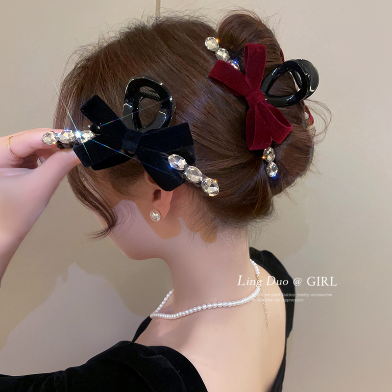 韩式洋派水钻丝绒蝴蝶结抓夹女气质后脑勺盘发夹精致鲨鱼夹子抓夹