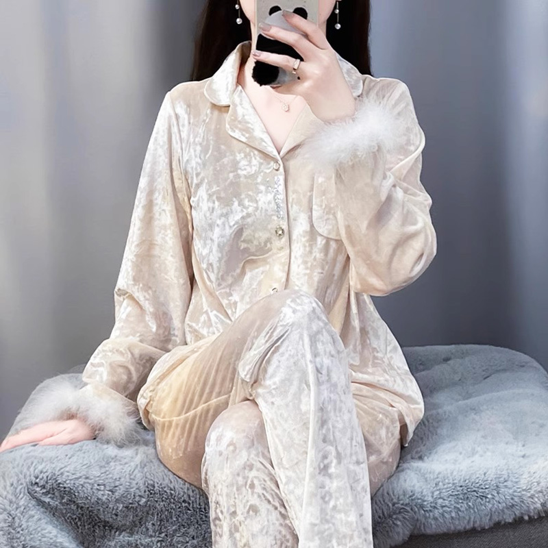 tpvl2025新款金钻绒羽毛睡衣女秋冬季家居服套装高级感可外穿毛边