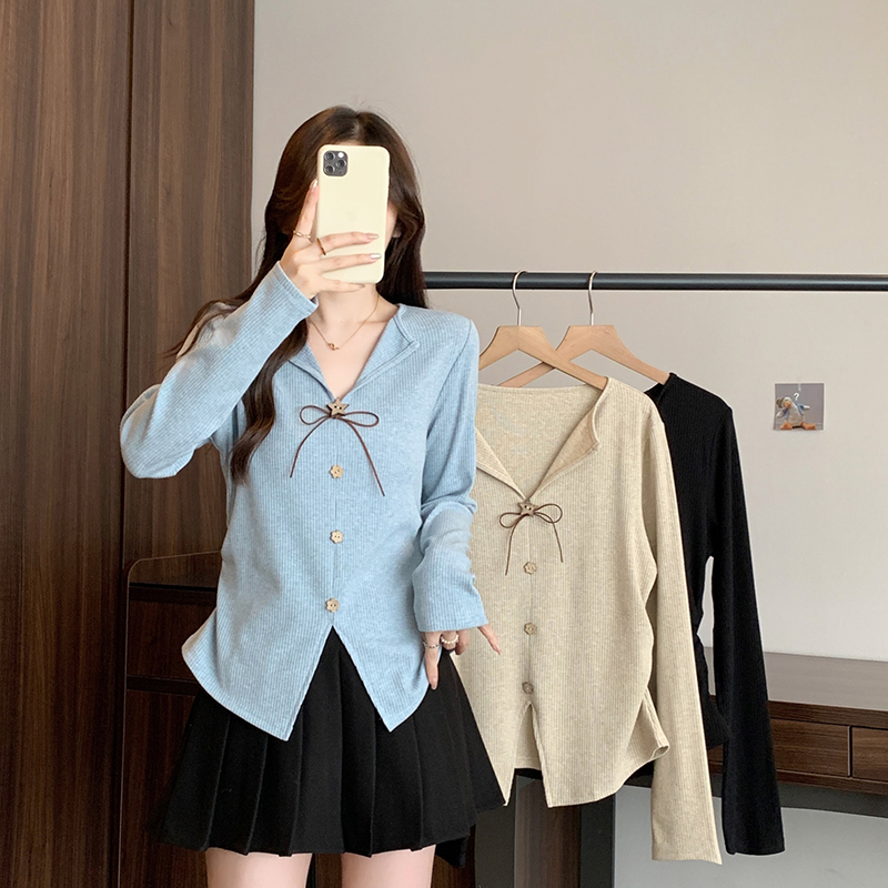 2025秋装新款胖mm大码女甜美立体花朵蝴蝶结掐腰长袖针织上衣