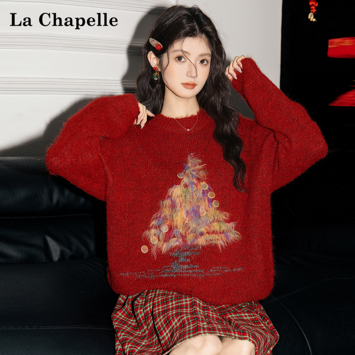 拉夏贝尔红色圆领打底毛衣女秋冬季可外穿圣诞穿搭内搭针织衫上衣