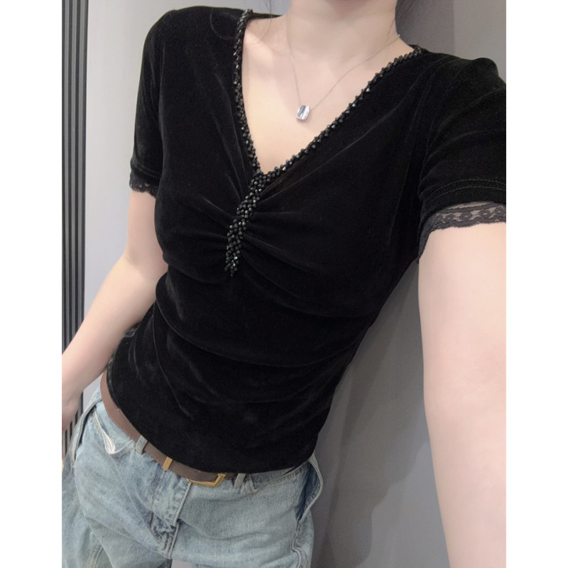 性感V领拼接蕾丝短袖T恤女设计感钉珠气质紧身弹力小衫上衣欧货夏