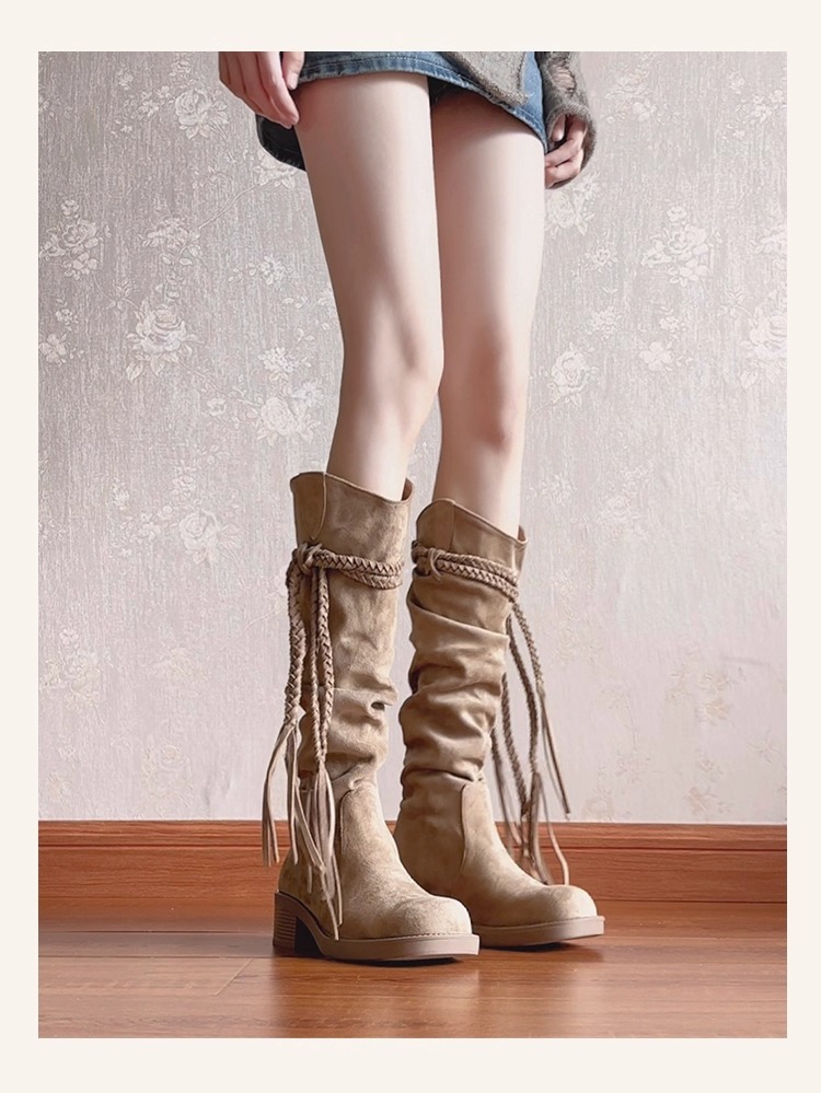 复古废土风流苏骑士靴女2025新款粗跟不过膝长筒靴显瘦堆堆中筒靴