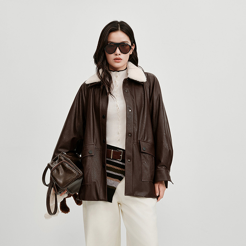 【商场同款】HPLY荷比俪毛绒翻领仿皮质感羽绒‌外套HXF43520083