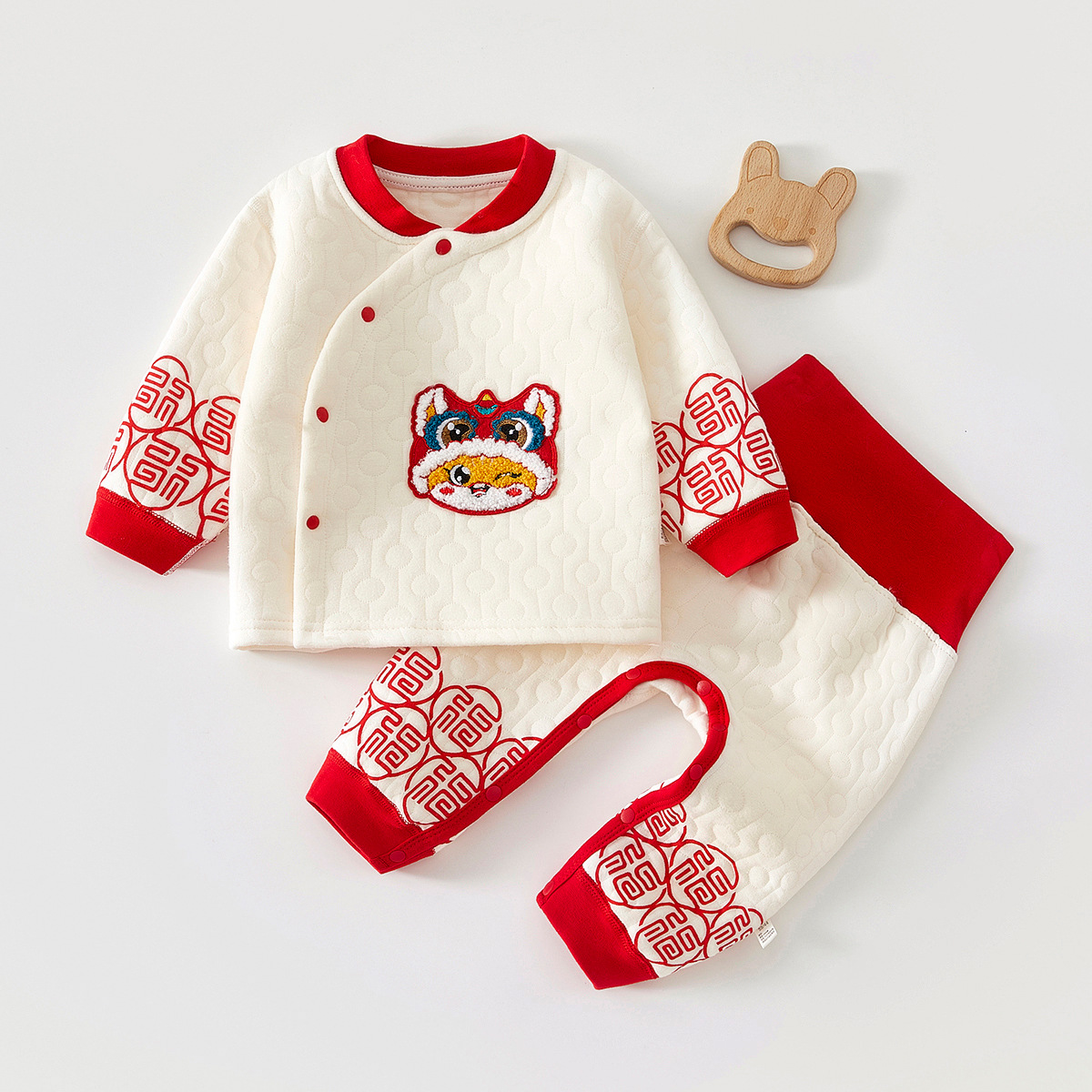 宝宝保暖衣套装高腰护肚纯棉红色内衣婴儿秋冬衣服夹棉分体两件套