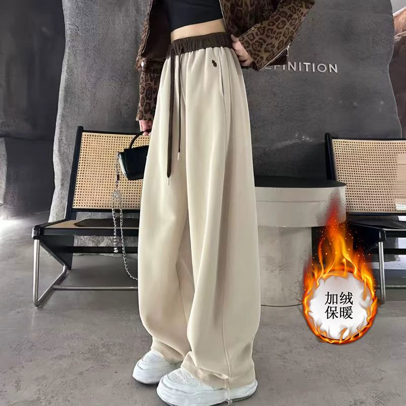【酱酱专属】慵懒风加绒刺绣阔腿裤女冬加厚宽松百搭拼色休闲弯刀裤