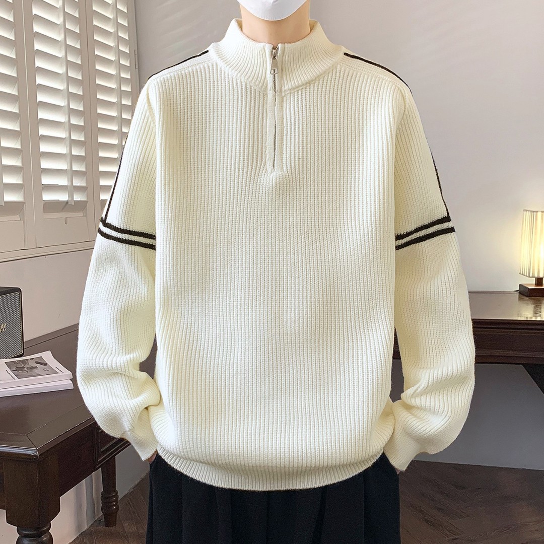 半拉链毛衣男秋冬季新款宽松慵懒风半高立领针织衫男士内搭打底衫