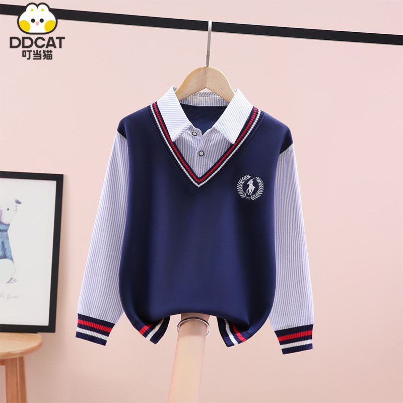 叮当猫男童假两件卫衣2025秋冬新款洋气中大童男孩休闲长袖打底衫