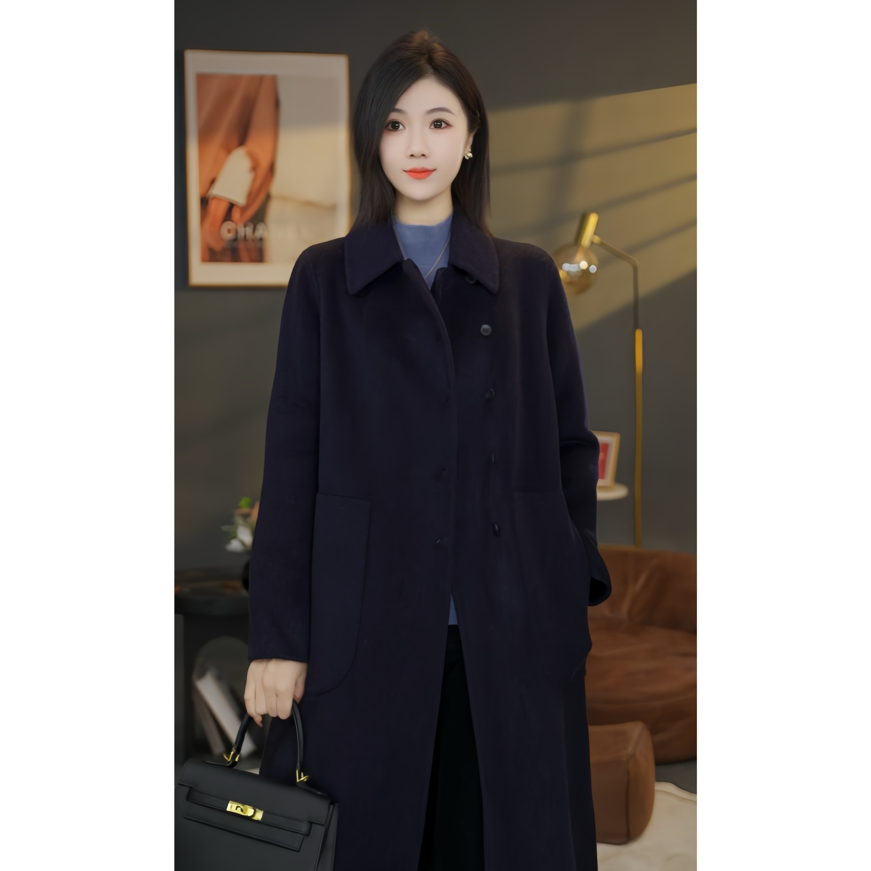 【小北甄选】8584063深墨蓝双面羊毛大衣高端时尚百搭外套羊绒外套