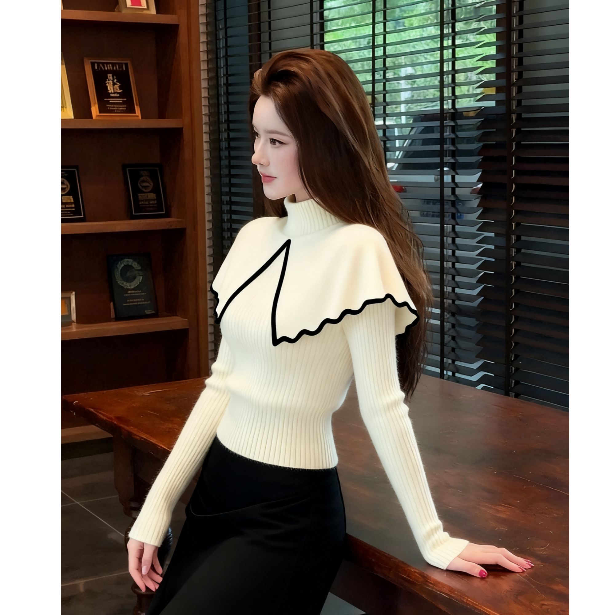 美拉德白色高领斗篷针织衫2025秋冬气质名媛轻熟高级修身显瘦毛衣