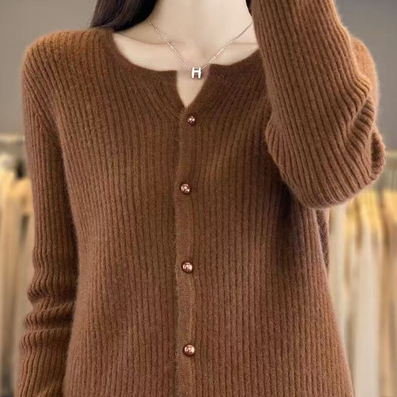 2025秋冬新款女士圆领坑条修身针织开衫外套宽松显瘦百搭上衣批发