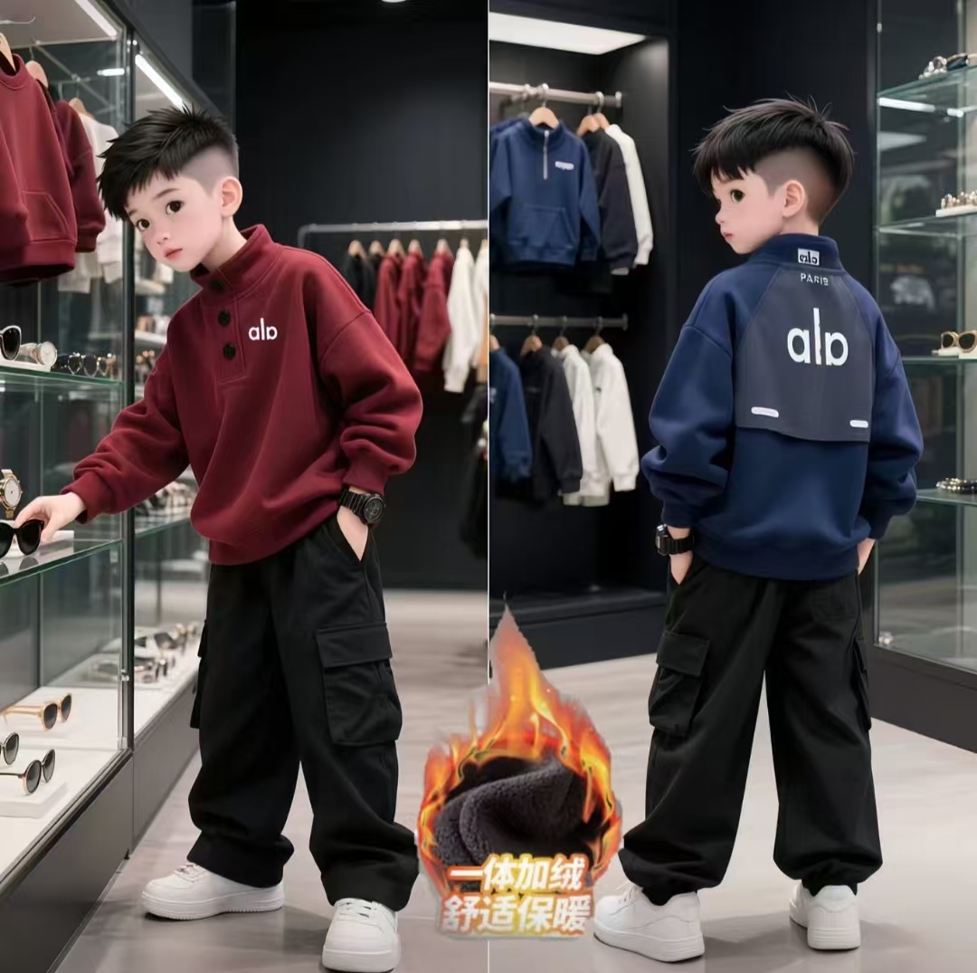 男童秋冬季加绒卫衣2025中大童一体绒上衣儿童时尚新款打底衫潮