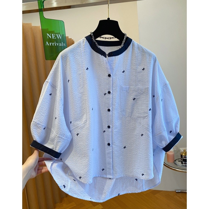 6963欧货高级肌理感蓝色衬衫女短袖新款宽松休闲圆领五分袖上衣夏