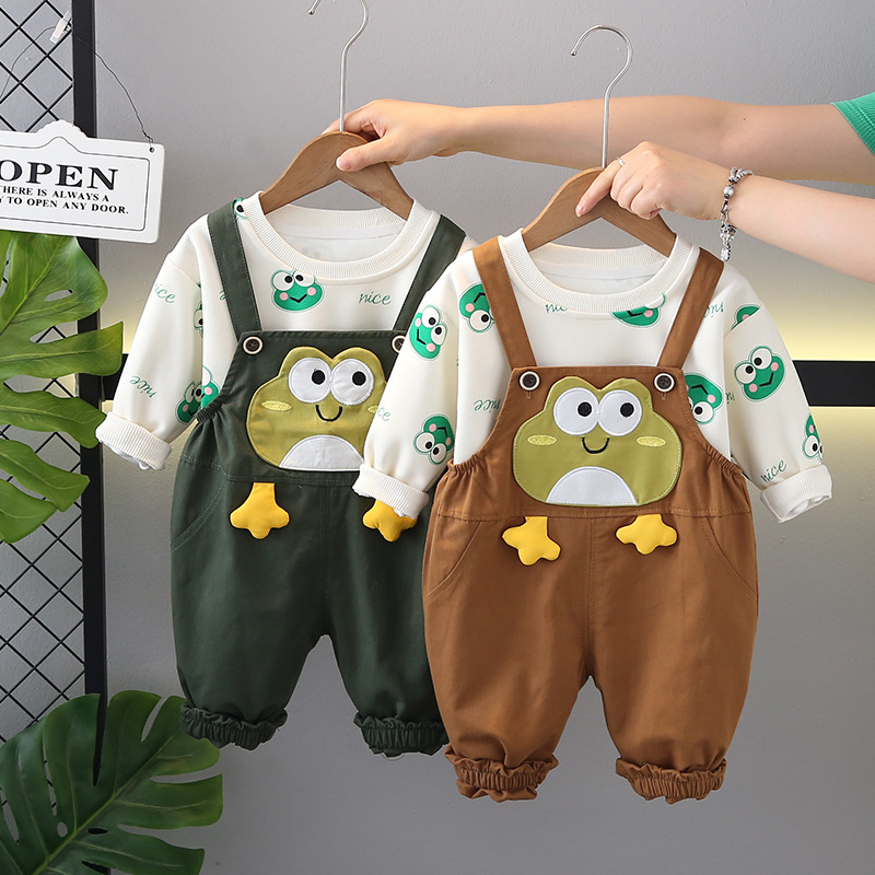 新款秋季男童长袖套装洋气卡通满印青卫衣宝宝蛙背带裤两件套YYL