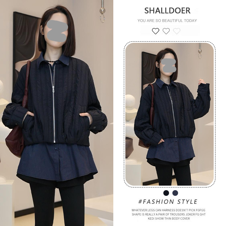 2026秋季新款韩版时尚高级感假两件设计感上衣女小众洋气翻领外套