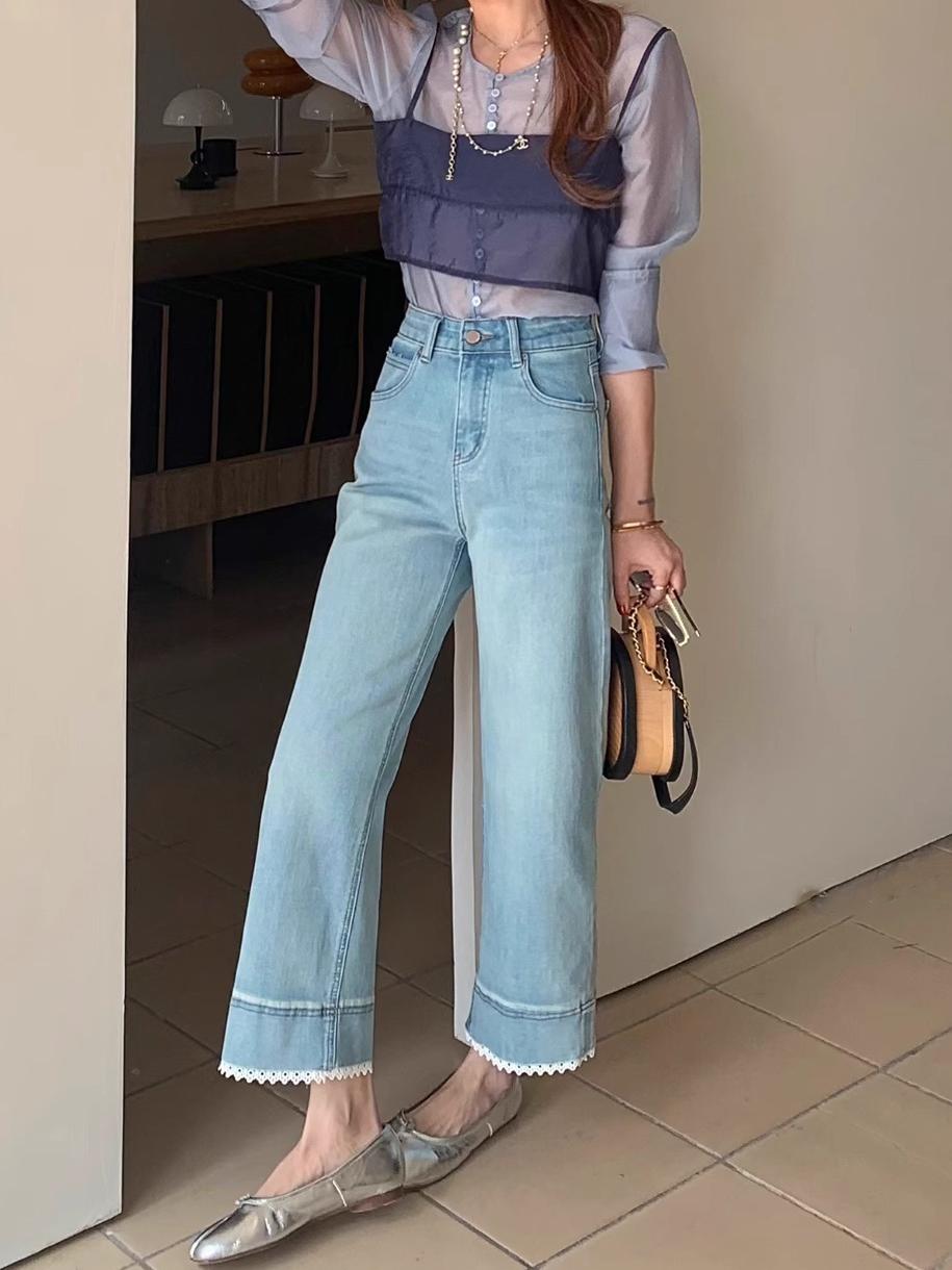 欧若风蕾丝边高腰九分牛仔裤女新款梨型身材百搭弹力大码直筒裤子