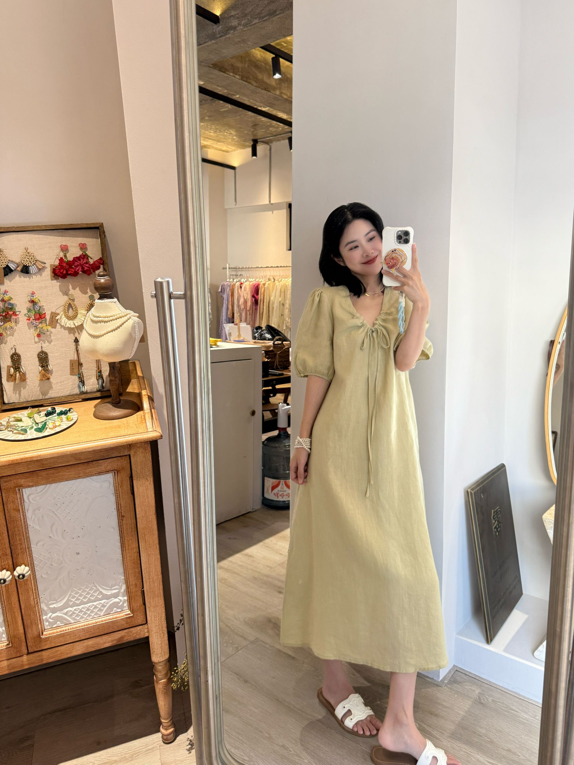 【清茶】亚麻连衣裙女宽松慵懒风休闲度假长裙显瘦连衣裙