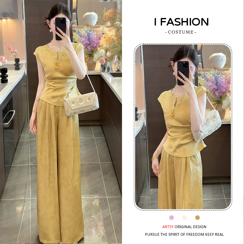 时尚中式套装2026年夏季新款气质无袖不规则上衣提花阔腿裤两件套