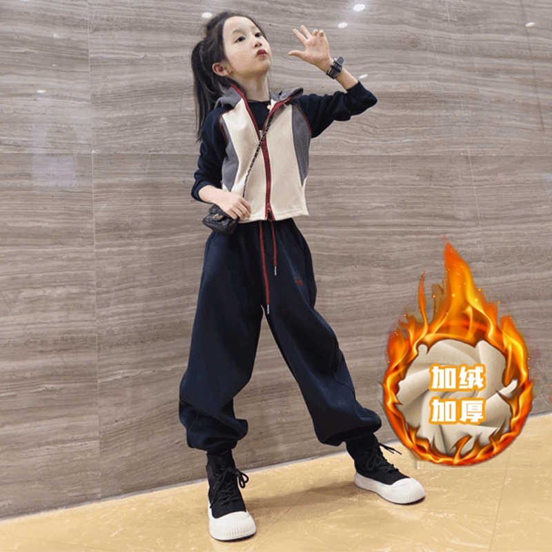 阔腿秋冬加绒套装2025新款洋气儿童春秋季大童运动两件套时髦拼色