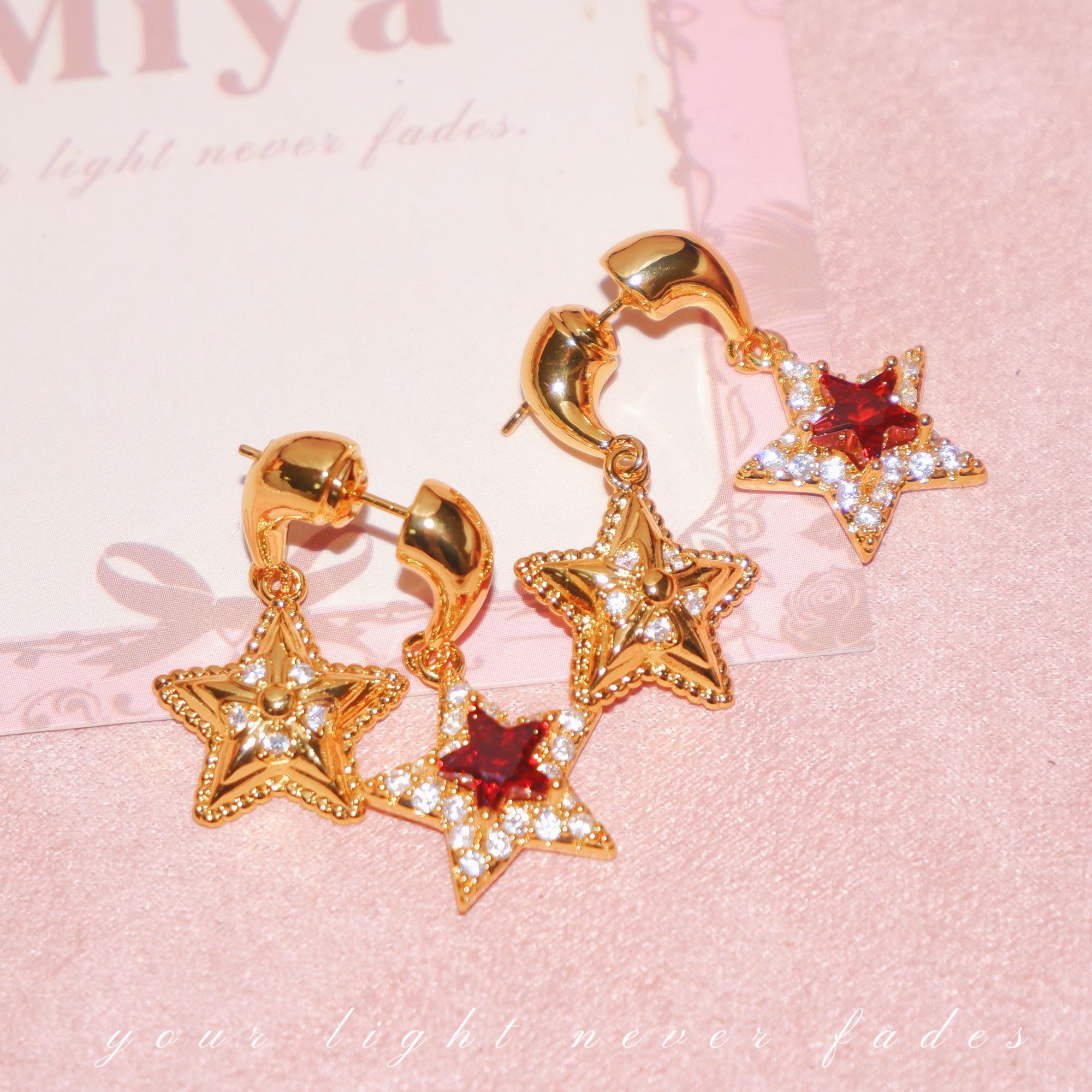 纯铜锆石耳饰 Lucky Twins~双面星星耳环925银针甜美