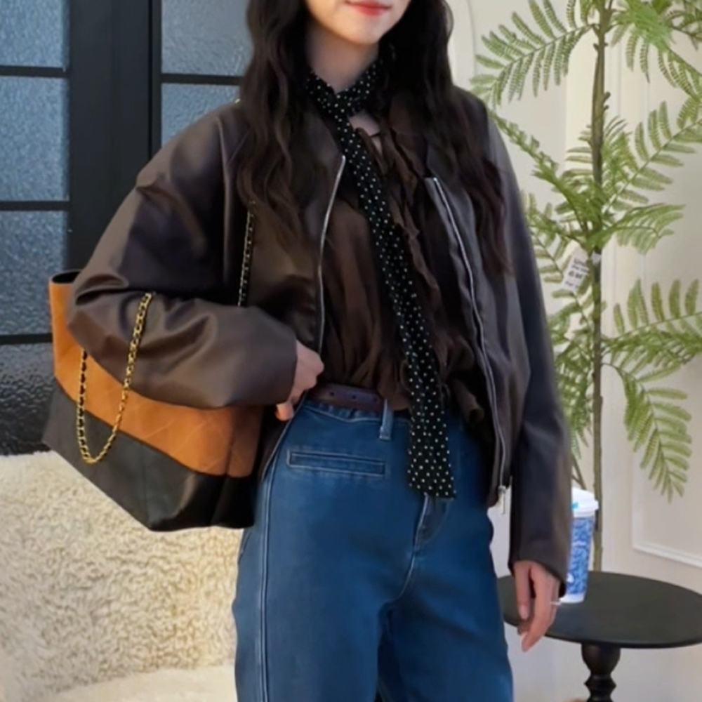 老钱风秋季新款宽松蝙蝠袖机车皮衣气质波点飘带圆领皮衣外套女