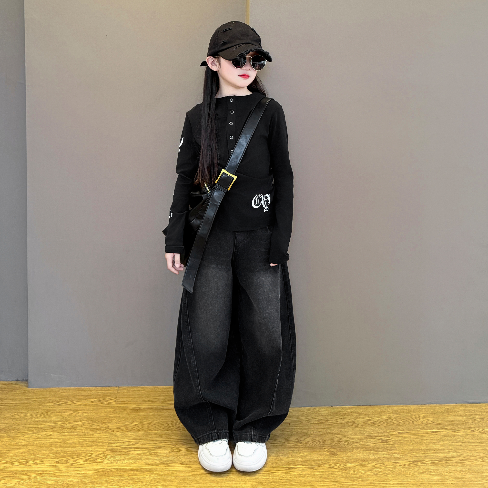 女童卫衣2025新款女韩系秋冬季时尚上衣儿童加绒牛仔阔腿裤套装潮