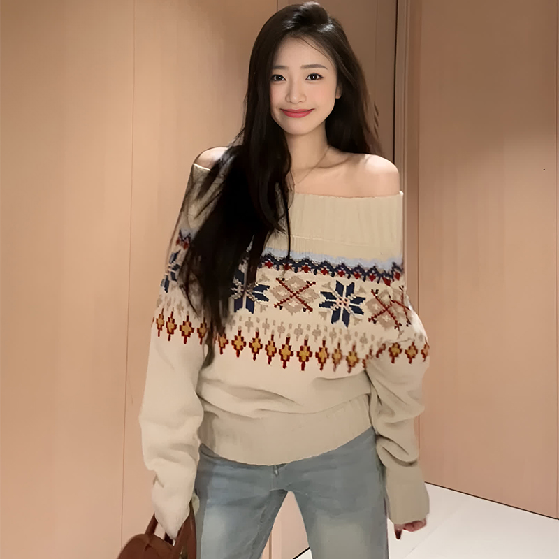 秋冬复古慵懒风费尔岛提花粗针一字肩宽松毛衣女露肩厚实针织上衣