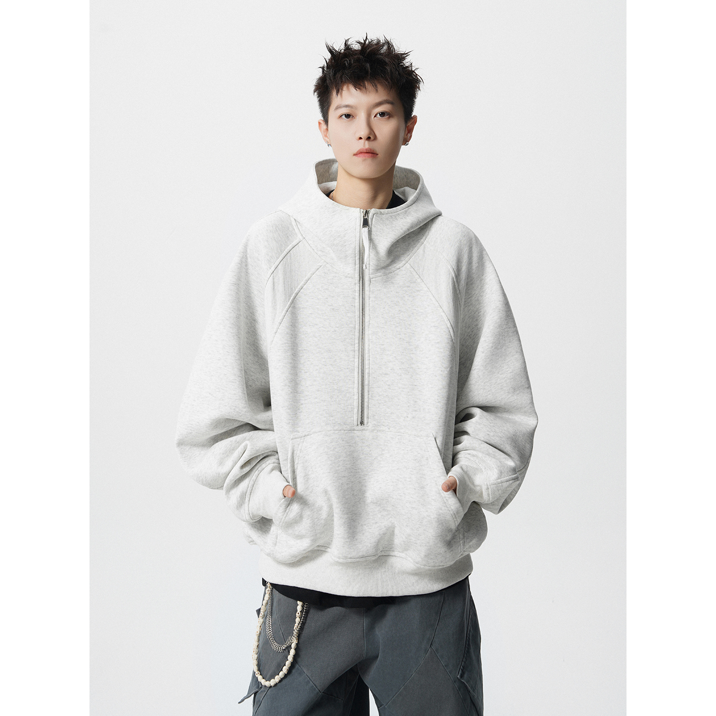 重磅美式高街连帽卫衣男2025新款秋季宽松boxy短款半拉链帽衫外套